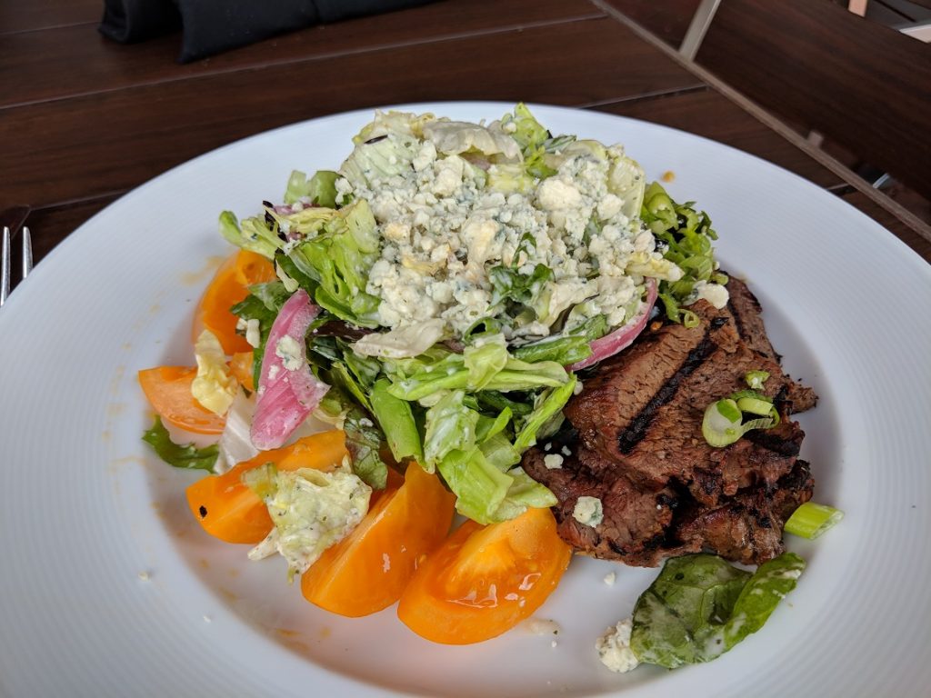 Bright and sunny Black and Blue Steak Salad featured on the summer menu at Marlow's Tavern. 