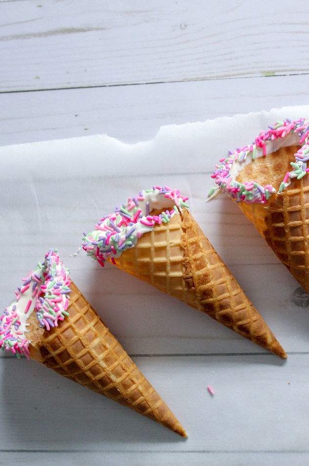 Lay your chocolate covered cones on wax paper to harden.