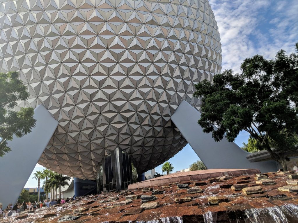 Spaceship Earth at Epcot on a sunny day. 